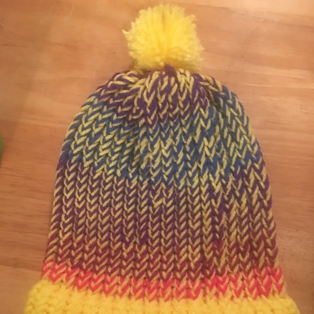 Homemade rainbow knit hat